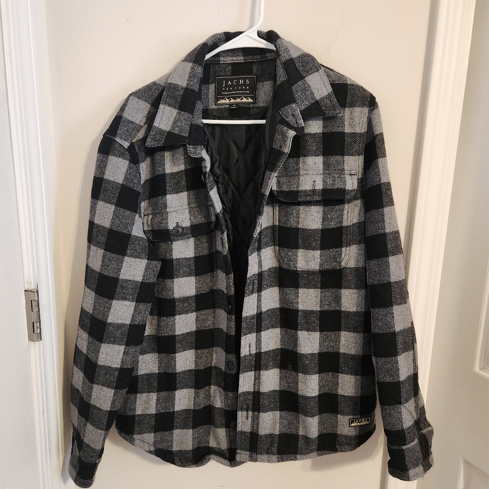 Jachs New York Men's Black and Gray Plaid Quilted Wool Jacket Medium